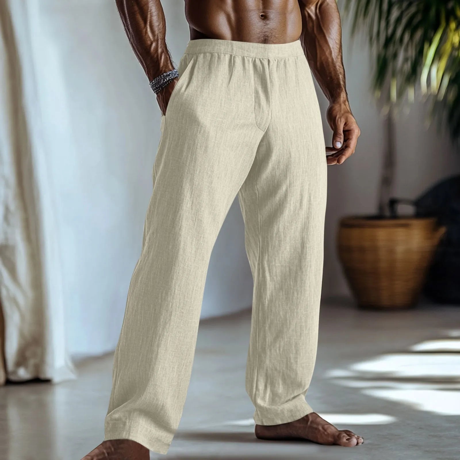 Cotton and linen straight leg casual trousers in British style with pocket details