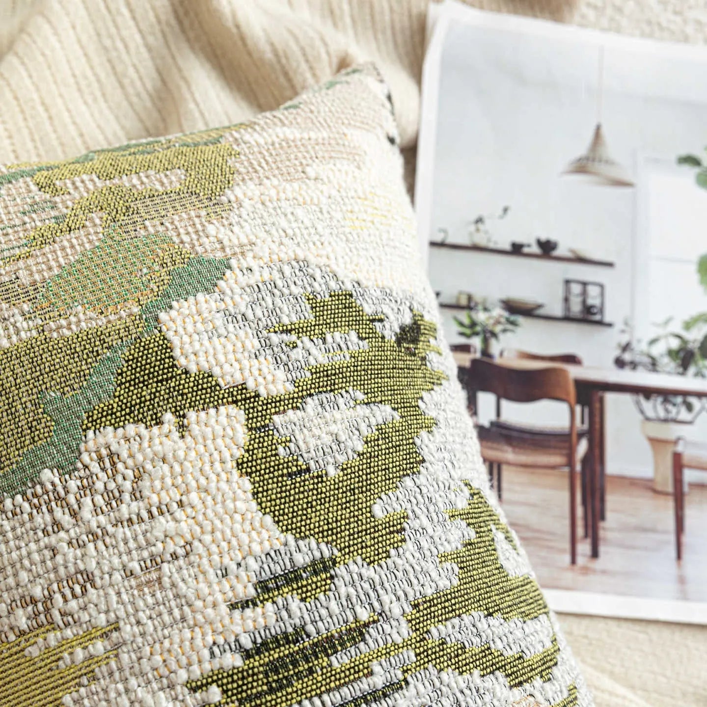 Antique green wool blend pillow case with abstract plant and flower pattern, shown in 50×50cm square size.