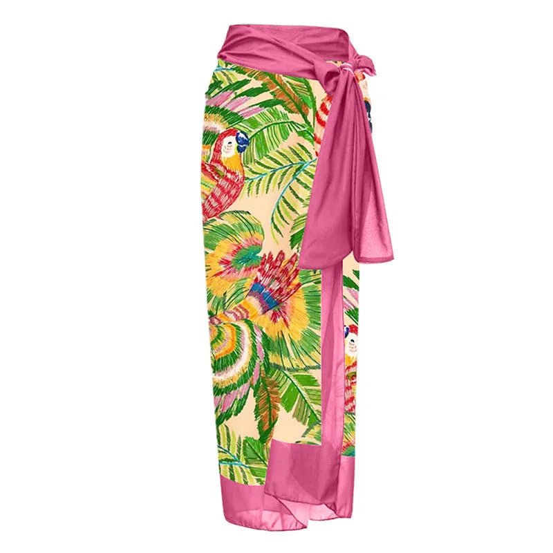 Retro pink floral print one-piece swimsuit with V-neck and covered belly thin skirt design