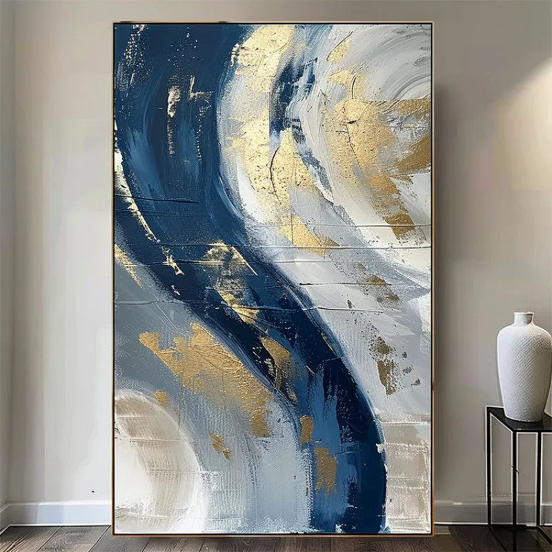Handmade abstract oil painting in golden and blue on frameless vertical canvas, one panel, for living room wall decor