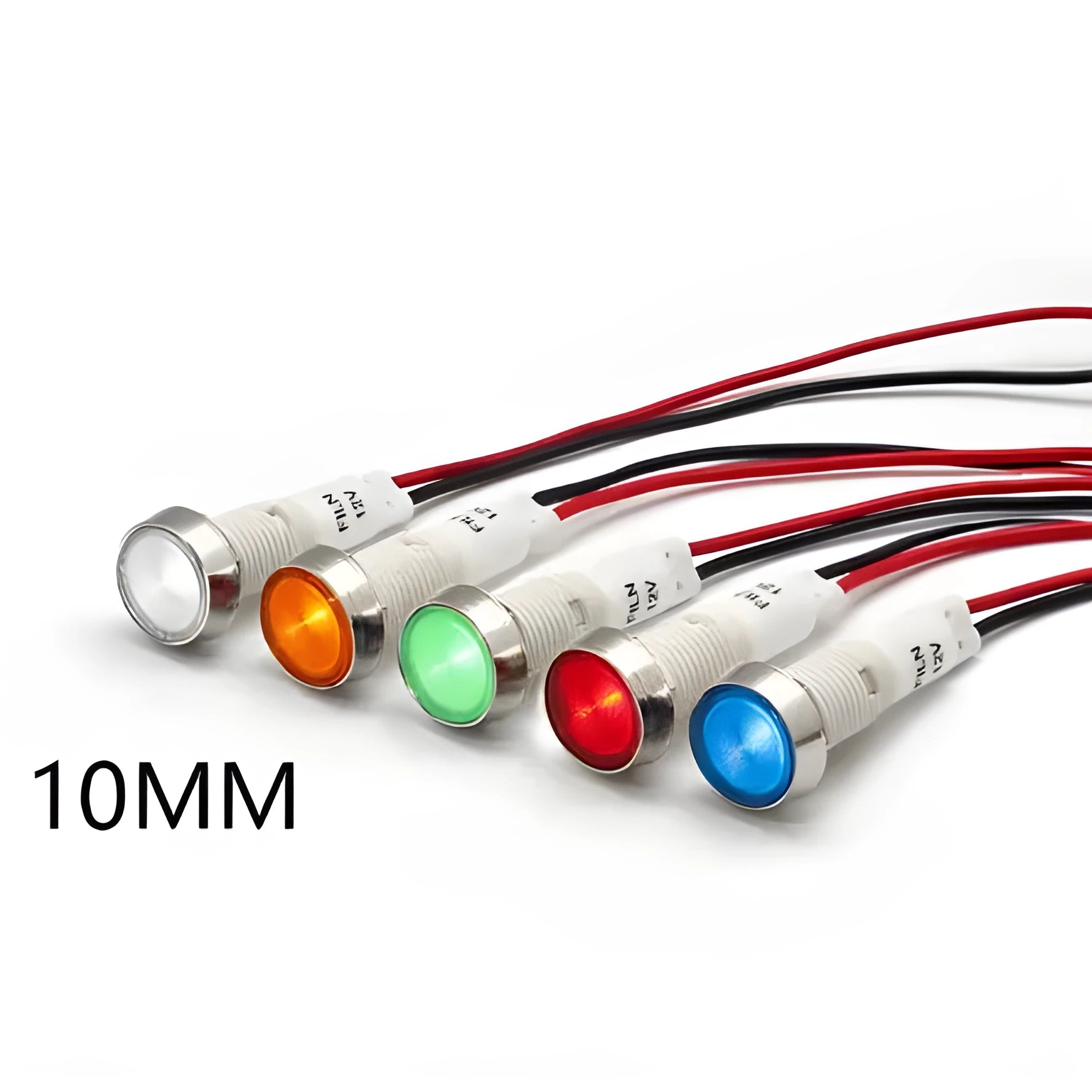 10mm stainless steel edge indicator light with a flat metal end and attached wire.