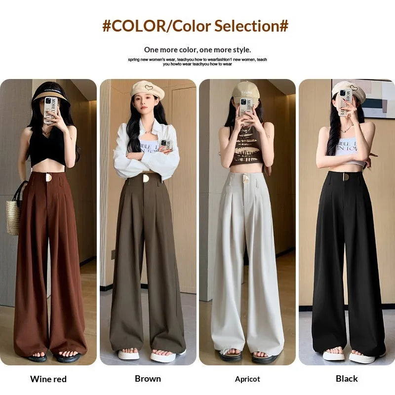 Women's high-waist wide-leg pants in slightly elastic spandex, straight loose fit, black beige burgundy brown, S to 2XL