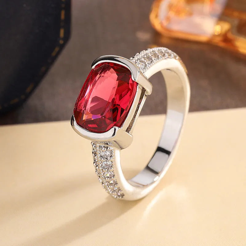 Square heart ring for women with red corundum and zircon stones on an electroplated copper band, sizes 6-10