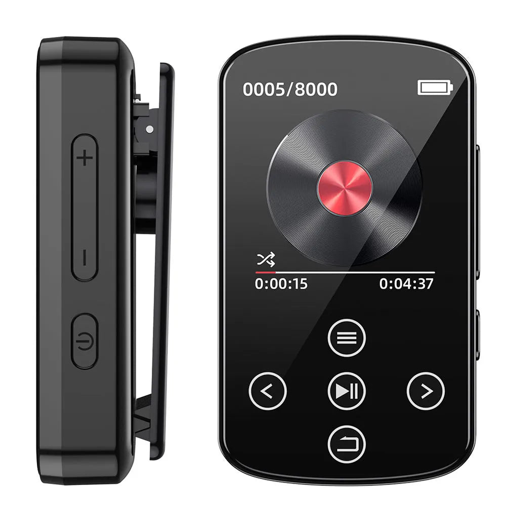 Black Bluetooth music player with 1.5 inch touch screen, buttons, 210 mAh battery, compact 60mm x 35mm x 18mm body
