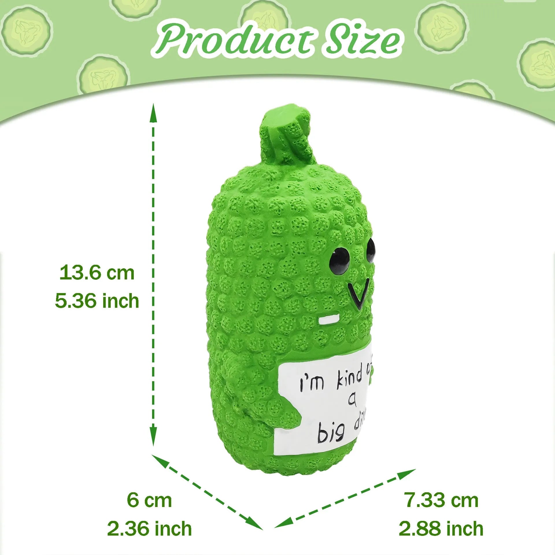 Green latex pickle-shaped dog chew toy with a nubby texture and squeaker inside.