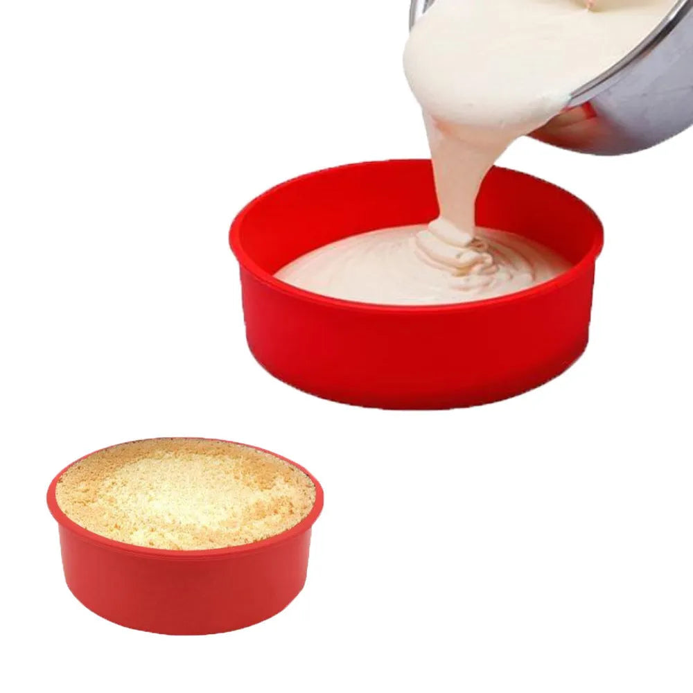 Set of three red round silicone cake baking moulds in 4-inch, 6-inch, and 8-inch sizes.