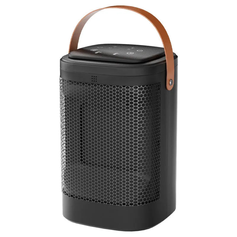 Silver touch screen electric radiator heater with remote control on a wooden desk.