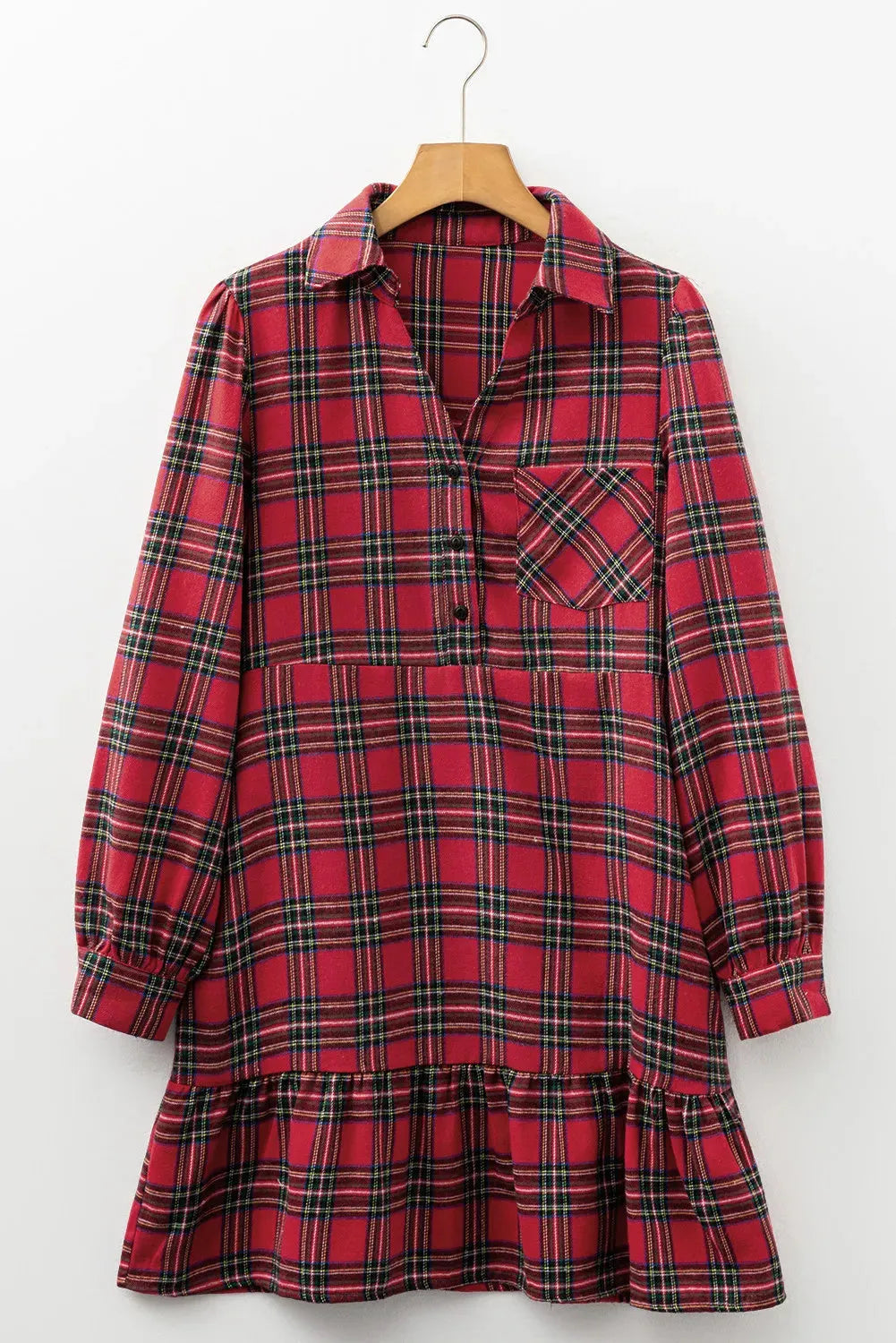 Red plaid mini dress with shirt collar, half button front, long sleeves, and ruffle hem, sizes S to XL