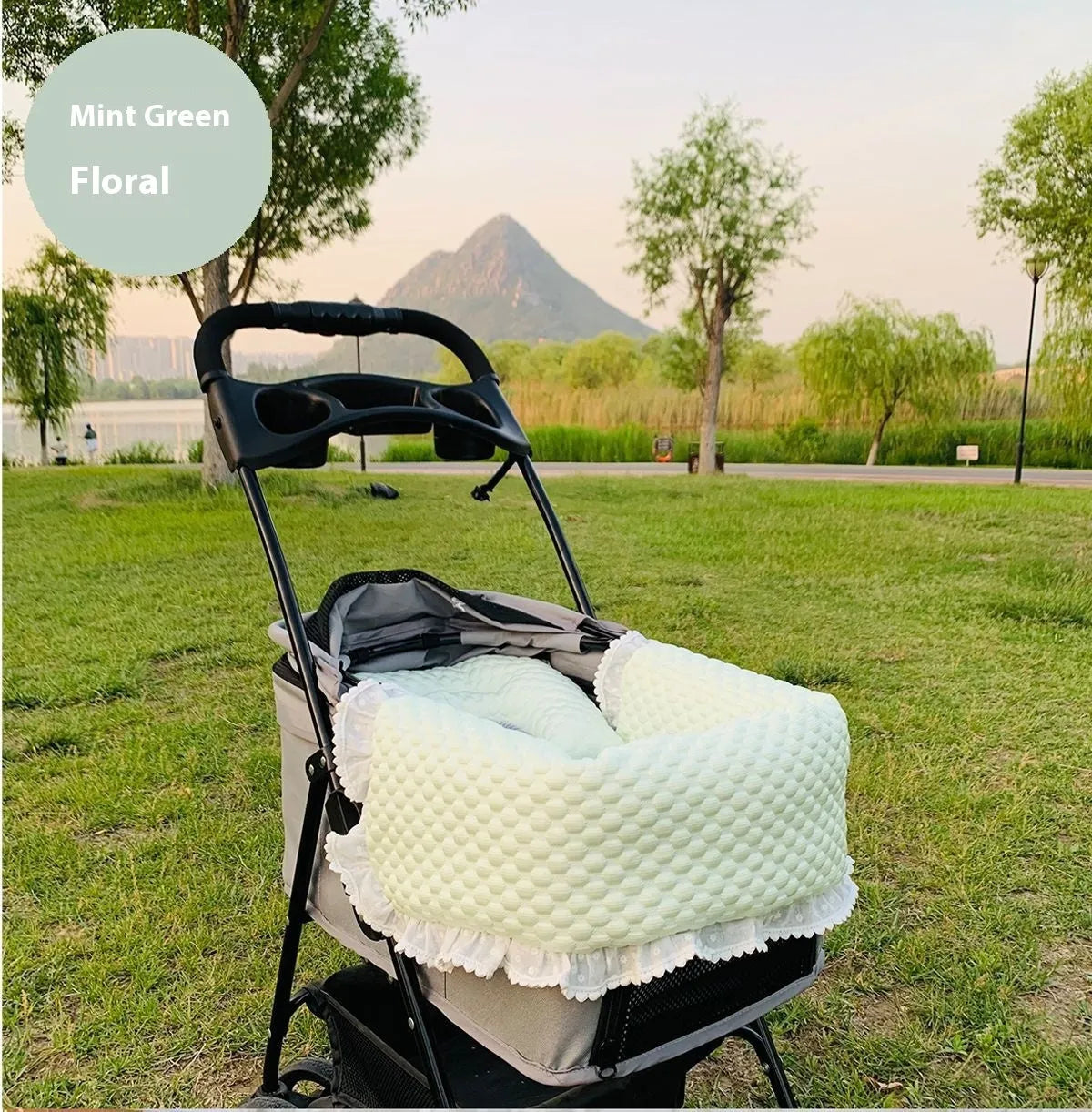 Pet stroller three-piece accessory set showing anti-dirty towel, cushion, and pillow in cotton cloth with floral pattern