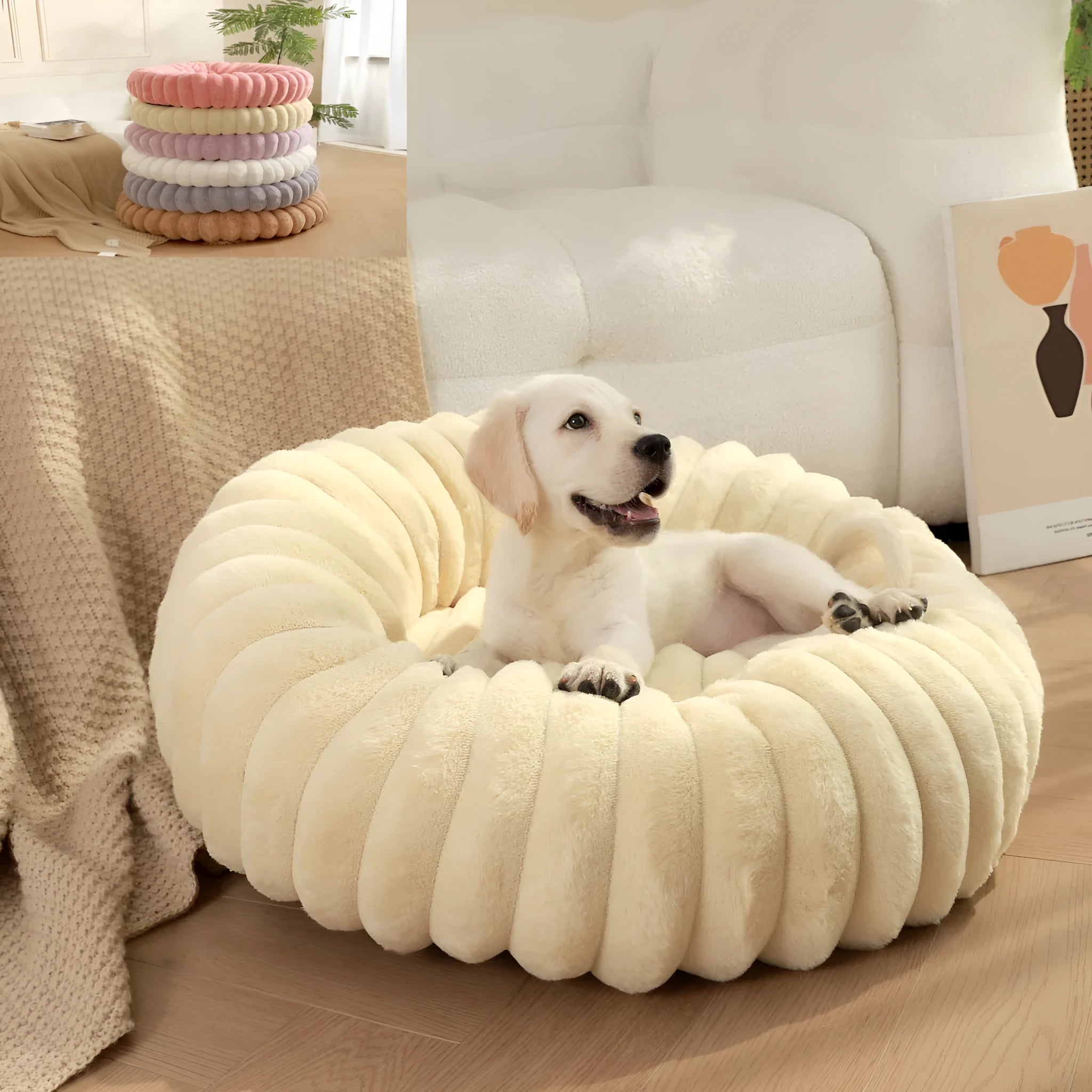 Round plush pet bed in beige with raised rim, size L 60cm, on a wooden floor