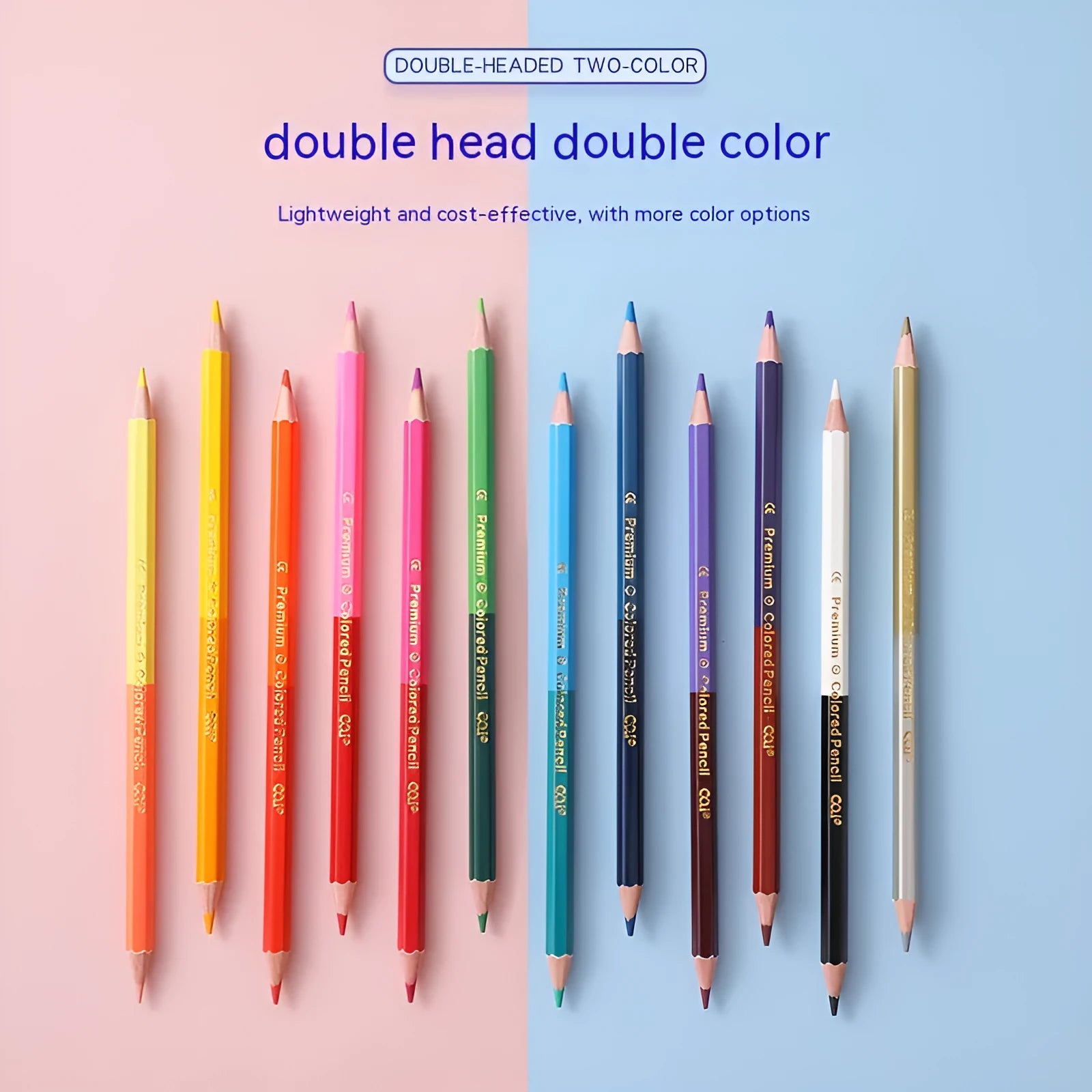 Set of double-ended wooden colour pencils showing two colour tips, suitable for student and studio art projects