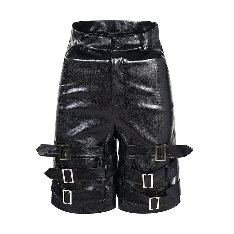 Black men's PU leather casual cropped shorts with a medium low waist on a mannequin.