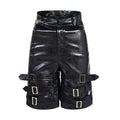 Black men's PU leather casual cropped shorts with a medium low waist on a mannequin.