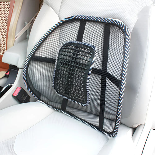 Black car lumbar support pillow with steel wire frame measuring 41x39cm