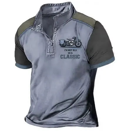 Men's solid colour loose fit golf polo shirt made from bird eye cloth, showing digital print detail.