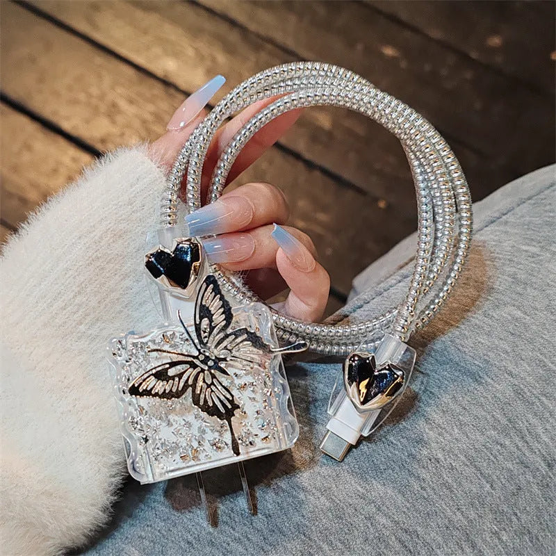 Three-dimensional butterfly USB cable protection sleeve for Apple 20W charger with silver foil square sleeve and electroplated rope detailing