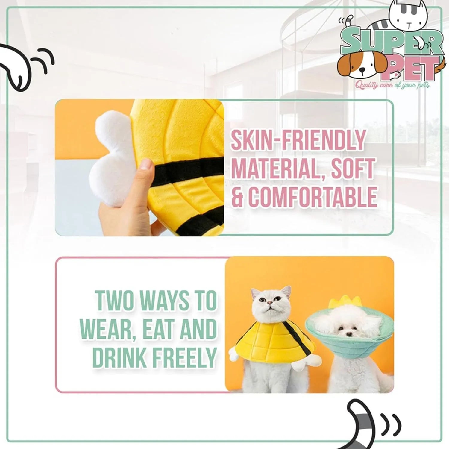 Soft cat cone collar with cute bee design showing Velcro closure and adjustable sizing