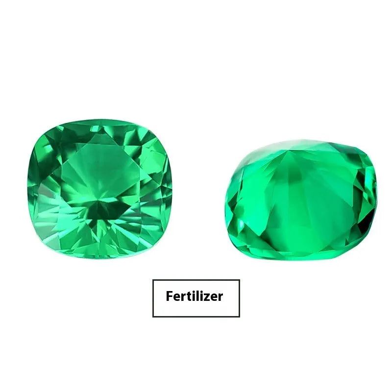 Synthetic emerald gemstone in Columbia green treasure colour showing round and rectangular cut options.