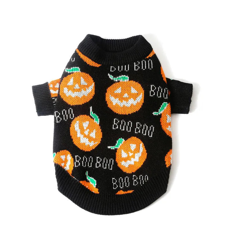 Black dog sweater with orange pumpkin pattern for Halloween pet costumes