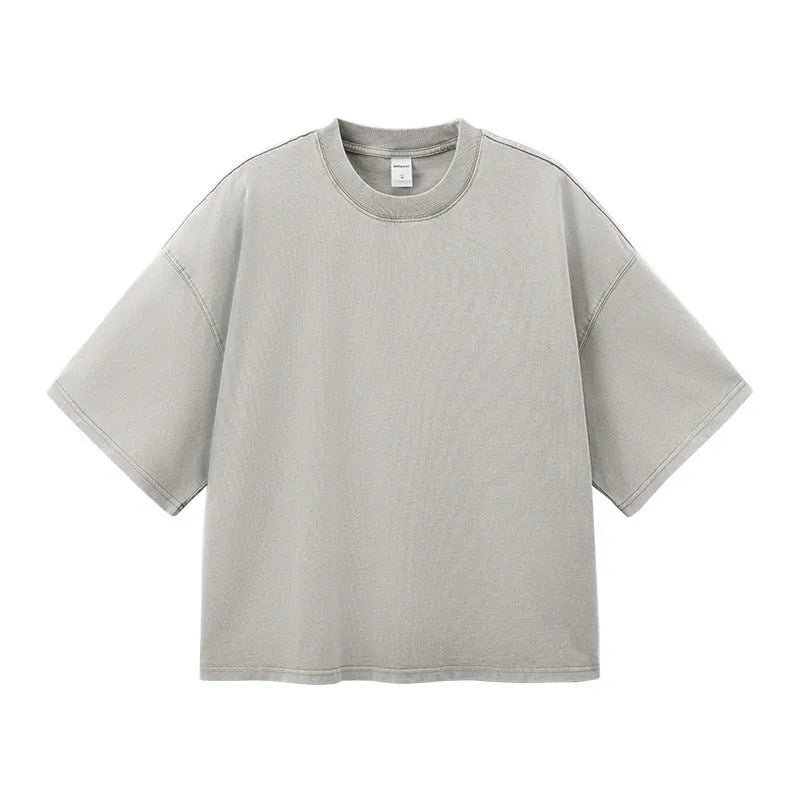 Men's vintage wash cotton T-shirt in khaki colour with loose fit and drop-shoulder sleeves
