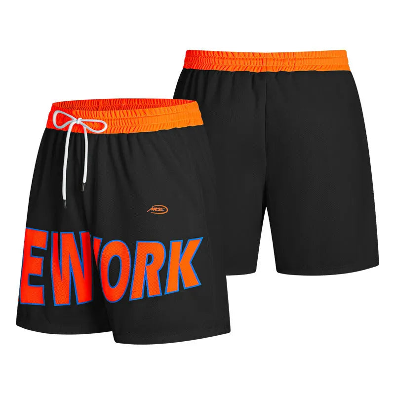 Men's black casual shorts with printed letter designs and straight leg Korean style cut