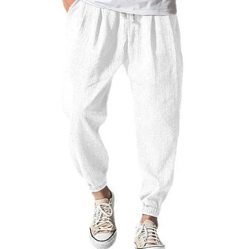 Men's casual cotton ankle banded summer pants in loose fit showing colour options