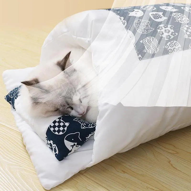 Grey winter cat bed with removable pillow and fleece lining in size L 65x50cm