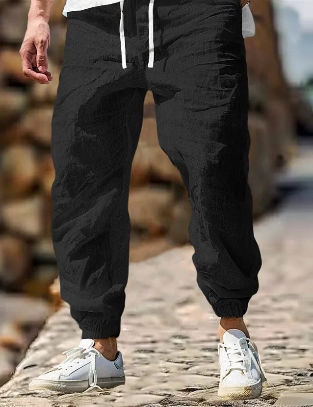 Men's straight leg cotton trousers with elastic waistband in seven colour options