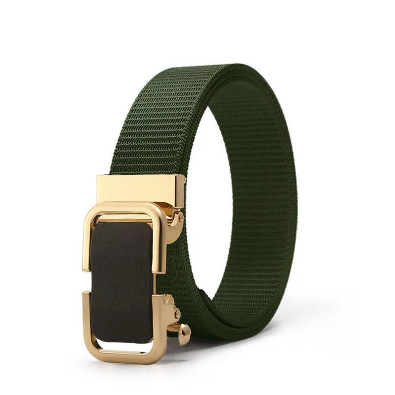 Men's toothless nylon canvas belt with alloy buckle showing adjustment mechanism