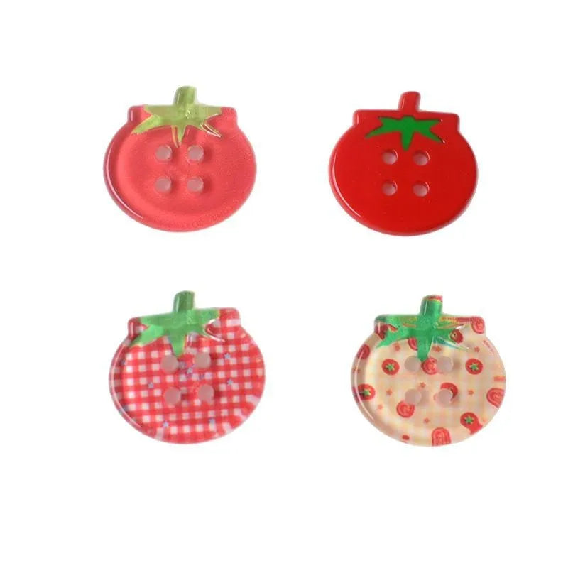 Medium plastic tomato button ornaments with printed patterns in various red colour options