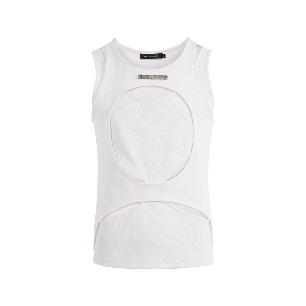 Men's loose-fit sleeveless waistcoat in black hollow weave cotton fabric on a hanger