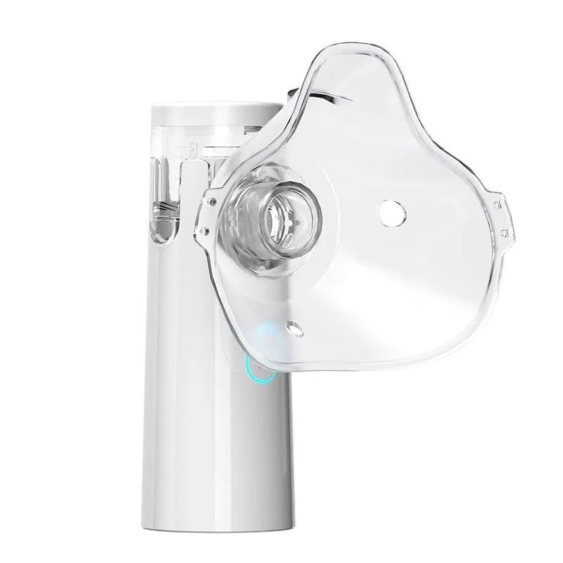Handheld compressed micro-mesh nebulizer with bilateral masks, medical PVC, mute operation, battery or plug-in power.