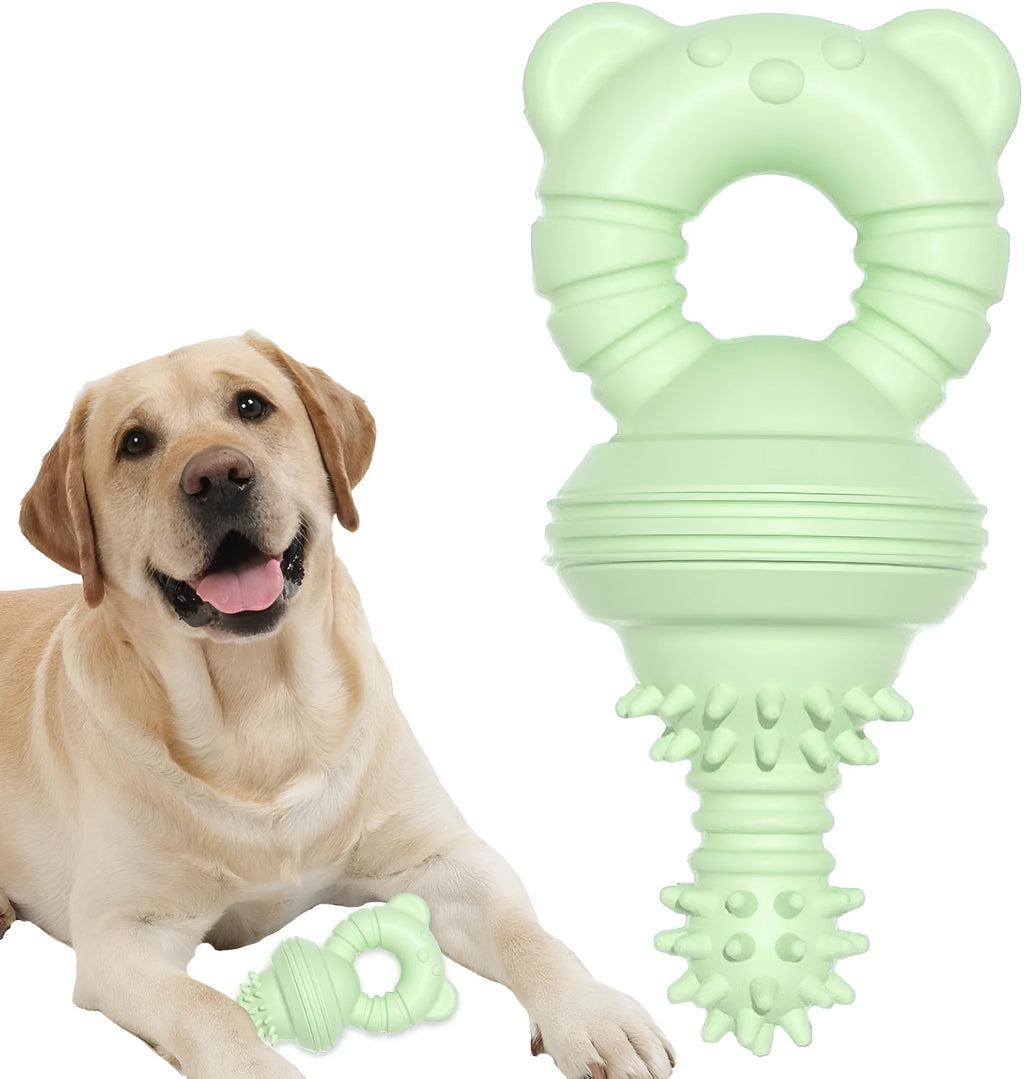 Blue rubber dog chew toy with textured surface for teeth cleaning, measuring 13.5cm