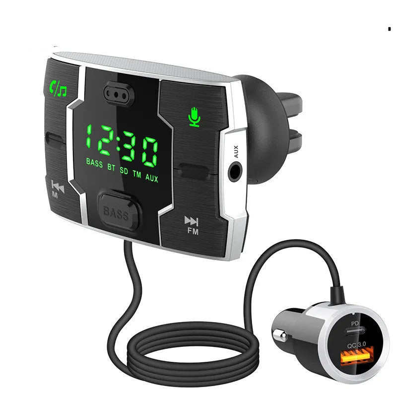 Black car FM transmitter music player with 1.2-inch display for Bluetooth streaming and MP3 playback