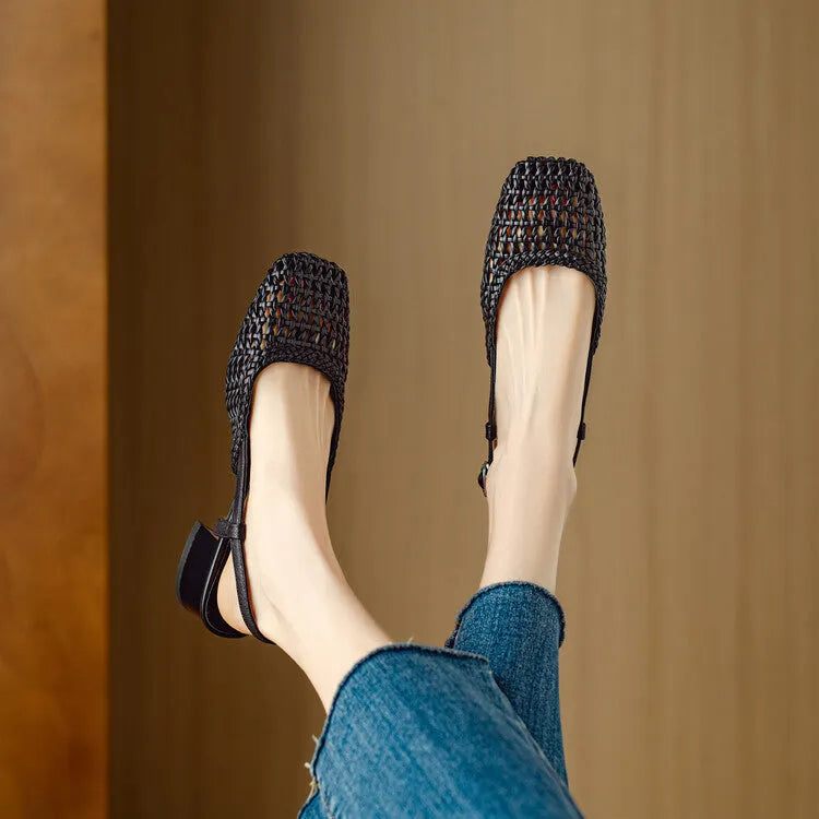 Women's beige woven hollow-out sandals with square toe, chunky heel, and buckle fastening on a white background.