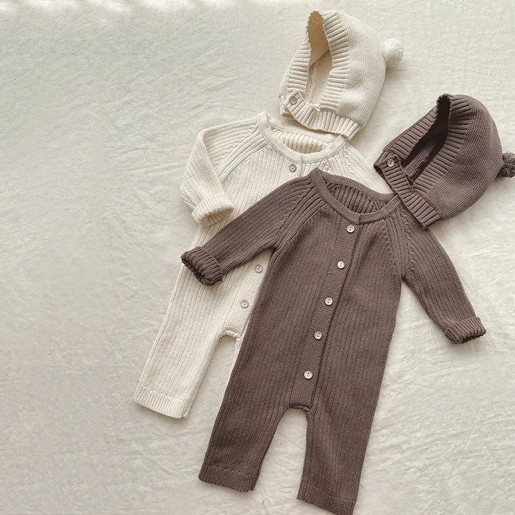 Cotton long one-piece knit baby bodysuit, unisex, single breasted, beige or light coffee, sizes S-XL, optional hat