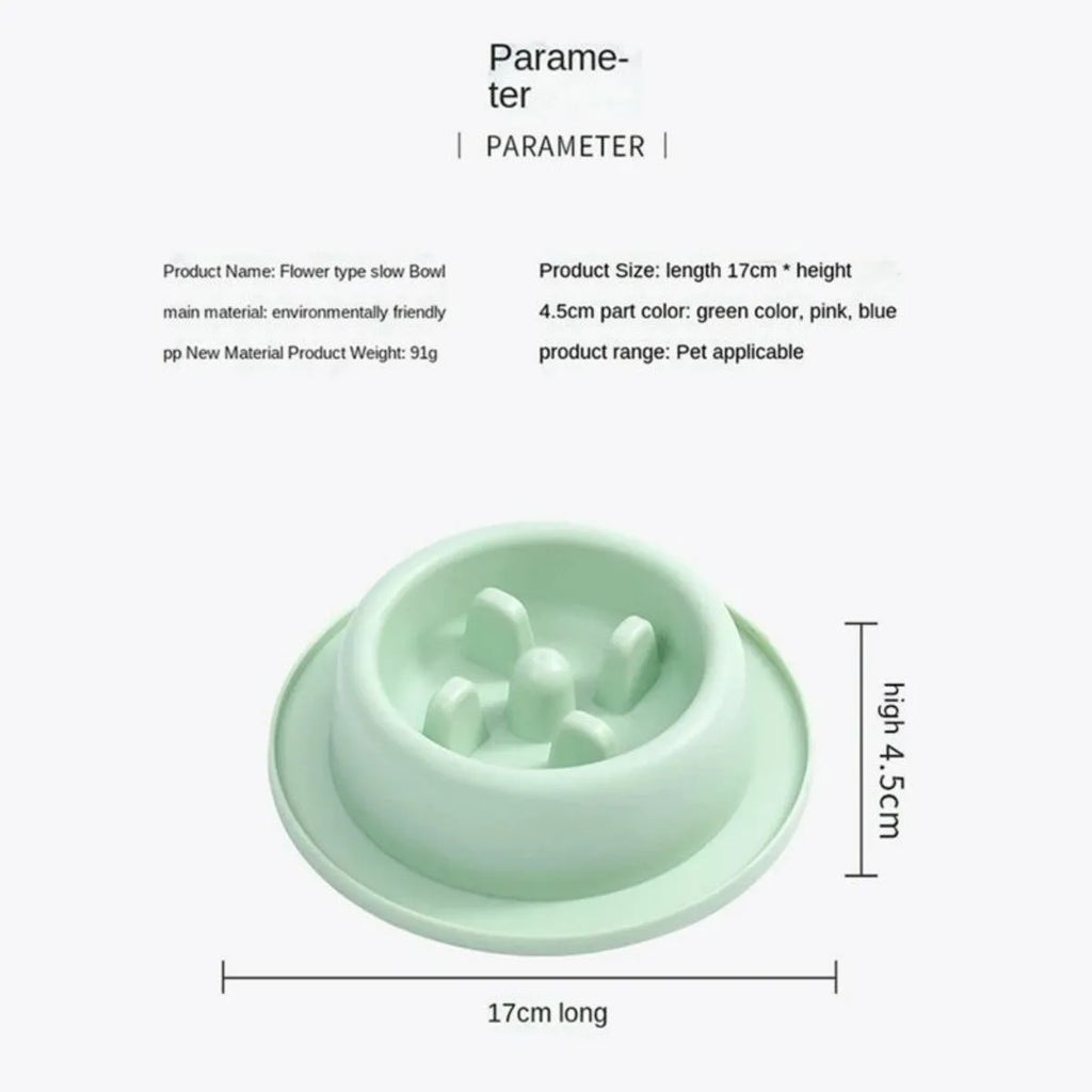 Pet slow eating feeder bowl in blue PP plastic with raised internal sections and non-slip base