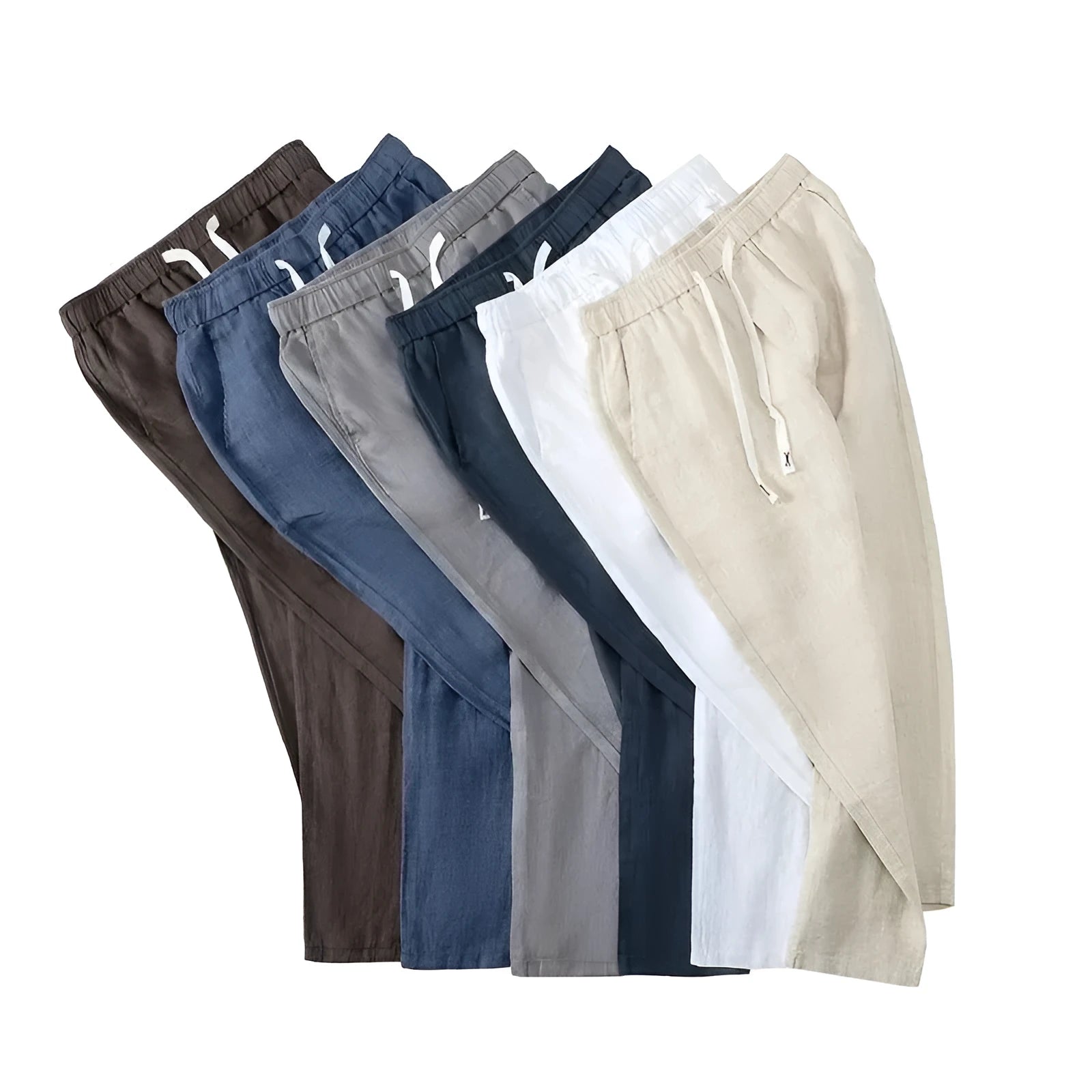 Pure linen Chinese style trousers with elastic drawstring waist in straight leg design