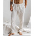 Men's light grey summer trousers with an elastic drawstring waistband and straight-leg loose fit