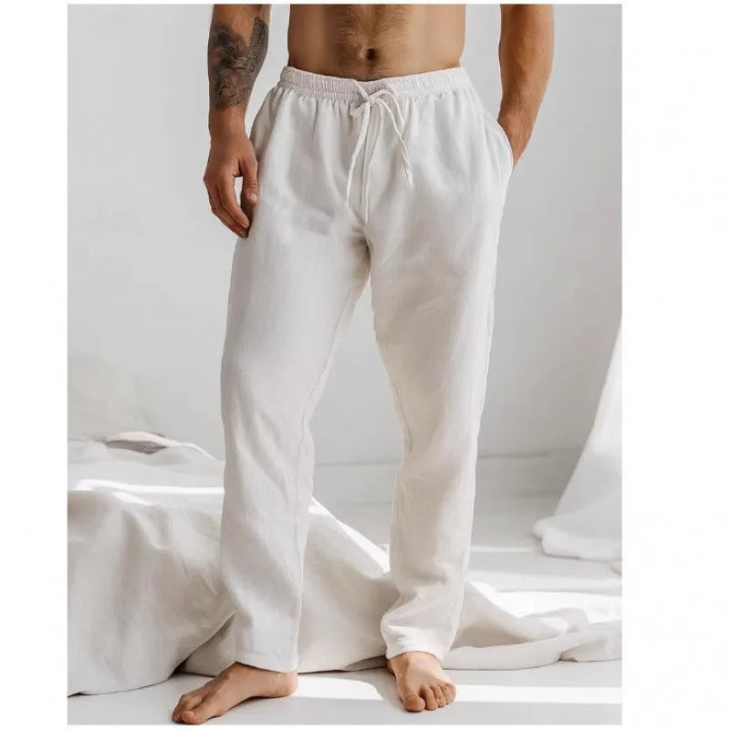 Men's light grey summer trousers with an elastic drawstring waistband and straight-leg loose fit