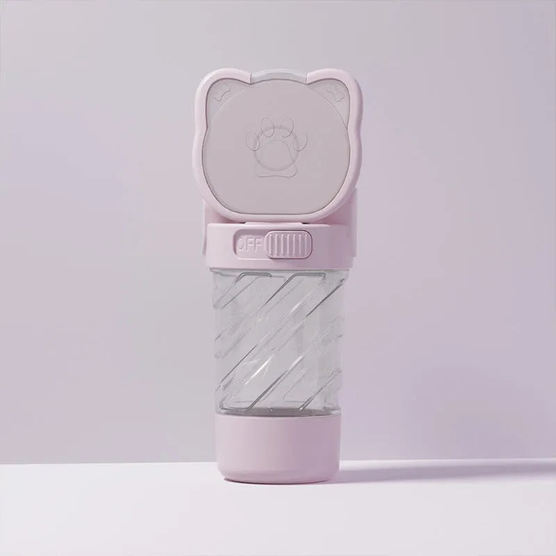 Green, pink, or white 3-in-1 portable pet water bottle with food container and bag dispenser.