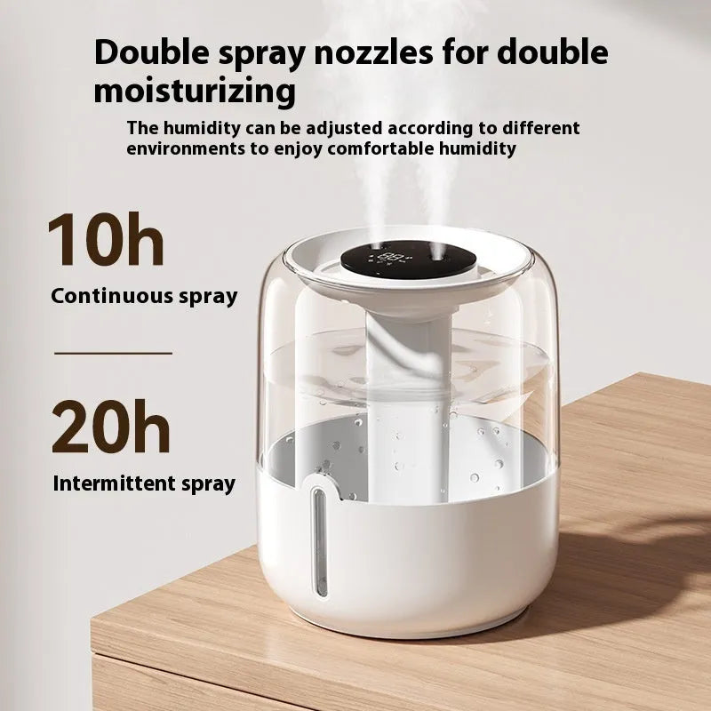 Beige USB humidifier with dual spray nozzles, humidity display, and 5L capacity water tank
