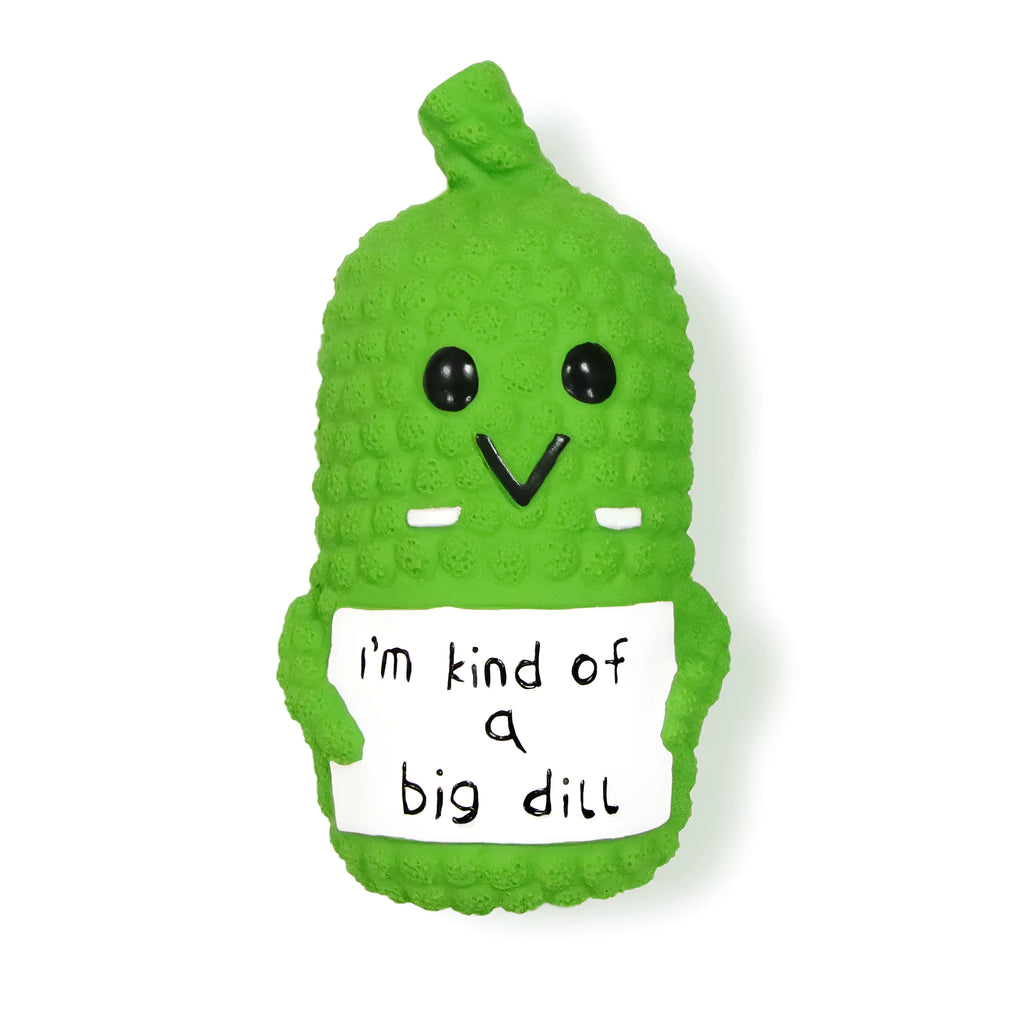 Green latex pickle-shaped dog chew toy with a nubby texture and squeaker inside.