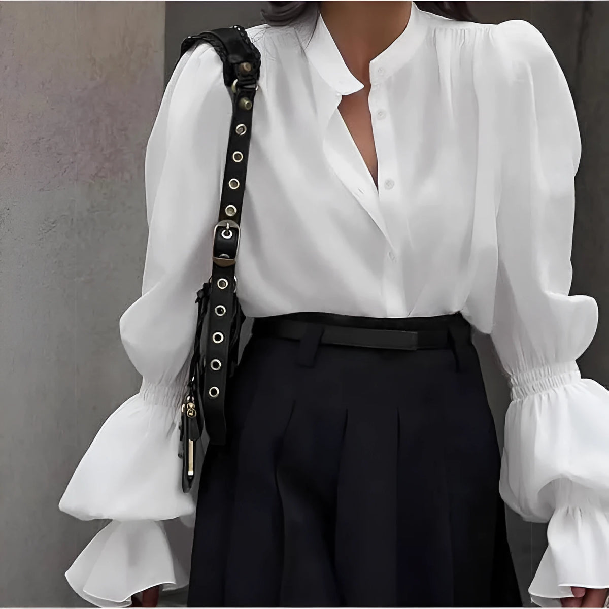 Women's polyester shirt with lantern sleeves, ruffle detail, round neck, single-breasted front, in white, pink, or black.