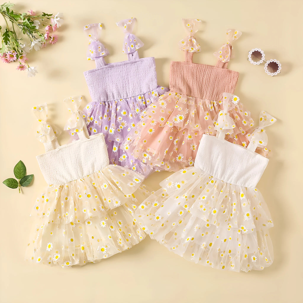 Flower mesh girls' dress suspenders in white with cotton lining, princess style, suitable for height 80-140cm