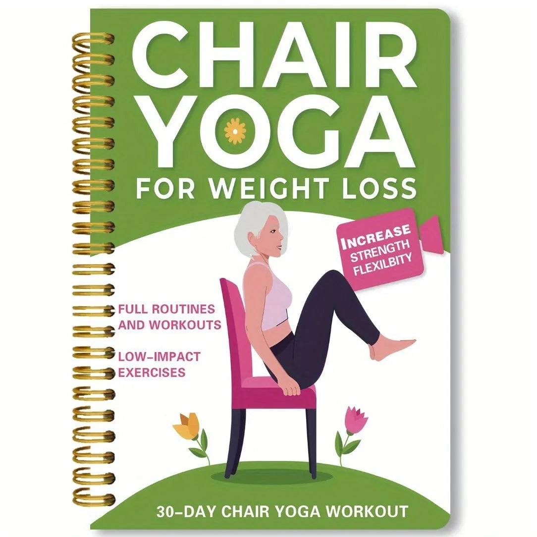 Green coil-bound yoga training notebook showing 30-day calendar pages and yoga programme content