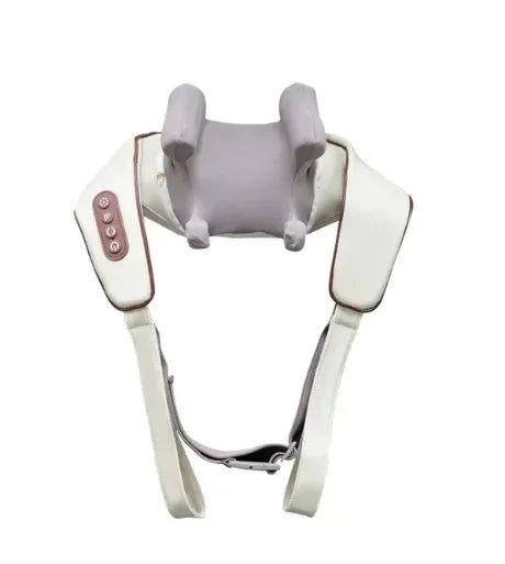 Milky white rechargeable shoulder and neck kneading massager with infrared physiotherapy