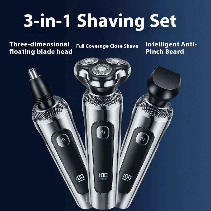 USB rechargeable beard trimmer with digital LED display on a five-in-one base bracket.