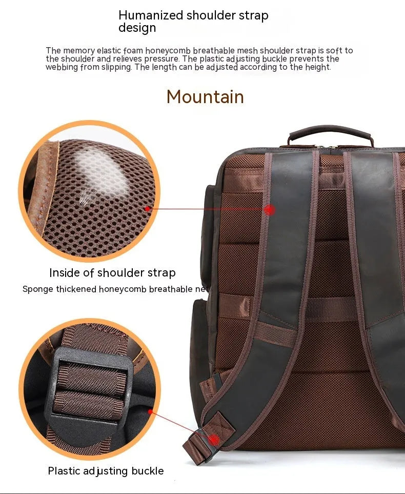 Dark brown Retro Crazy Horse leather backpack for men with a 17-inch laptop compartment open.