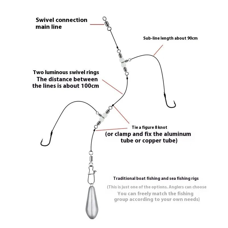 Copper three-fork luminous swivel fishing beads with T-type balance fork ring for 8-rig terminal tackle construction.